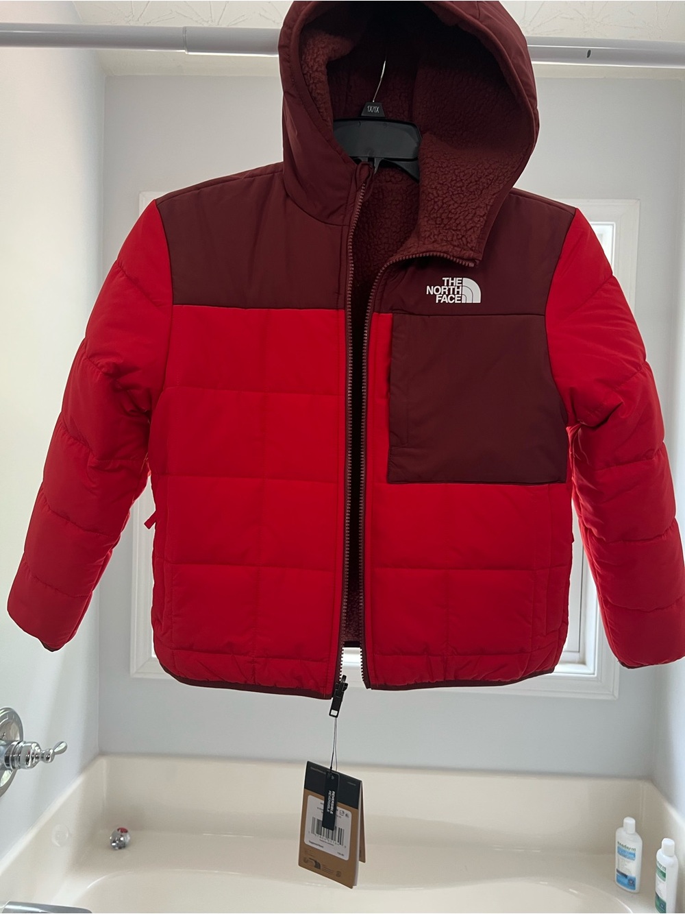 The North Face Kids Red and Burgundy Hooded Puffer Jacket